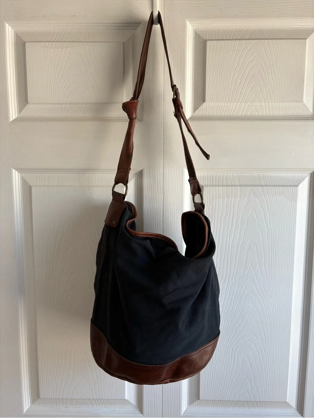 Anthropologie Black Textile Brown Leather Trim Bucket Slouchy Boho Bag Purse
